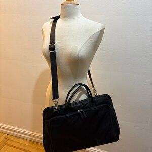 Barneys New York double compartment crossbody briefcase in black pebbled leather